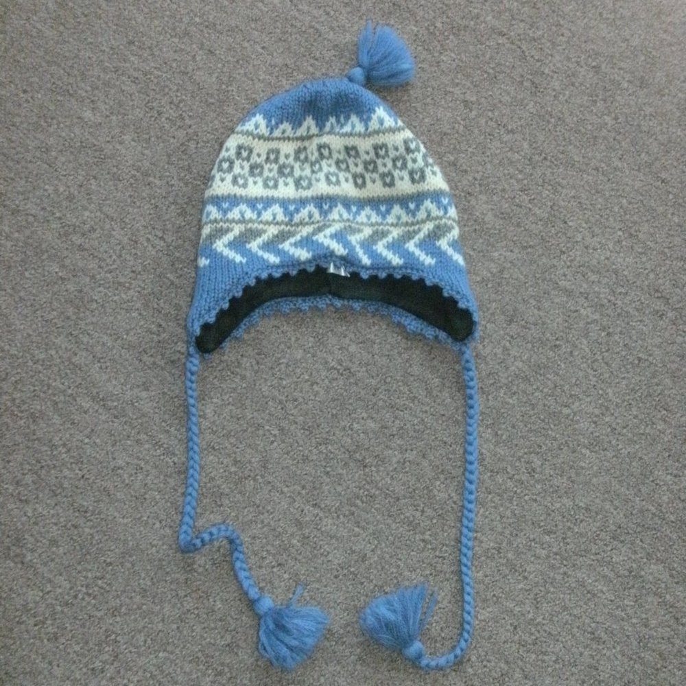 Vintage Marshall Fields Field Gear Blue & Ivory Knit Tassel Nordic Ski Wool Hat